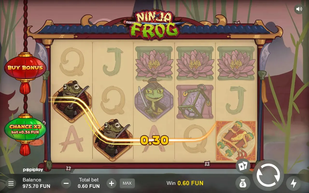 Even-stake win traced along a zig-zag payline of samurai-toad symbols