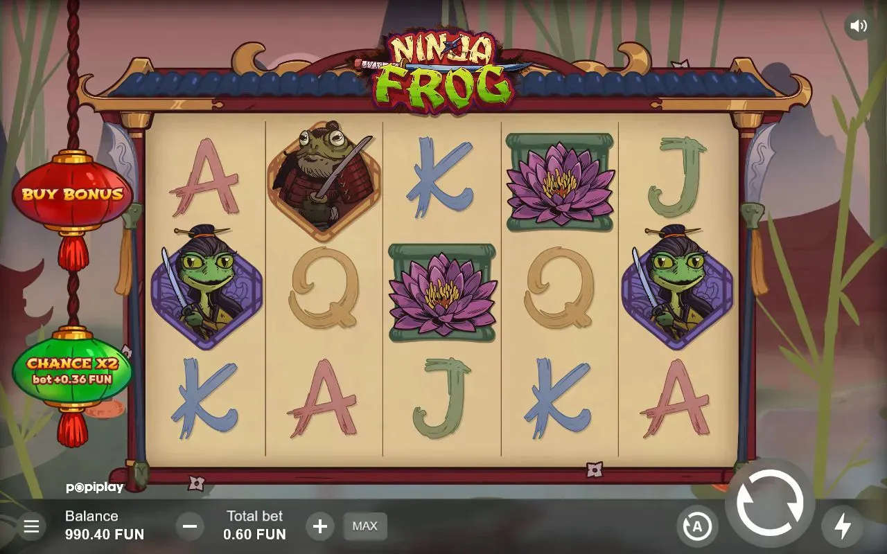Red treasure-chest special symbol on the centre reel amid frog and lotus premiums