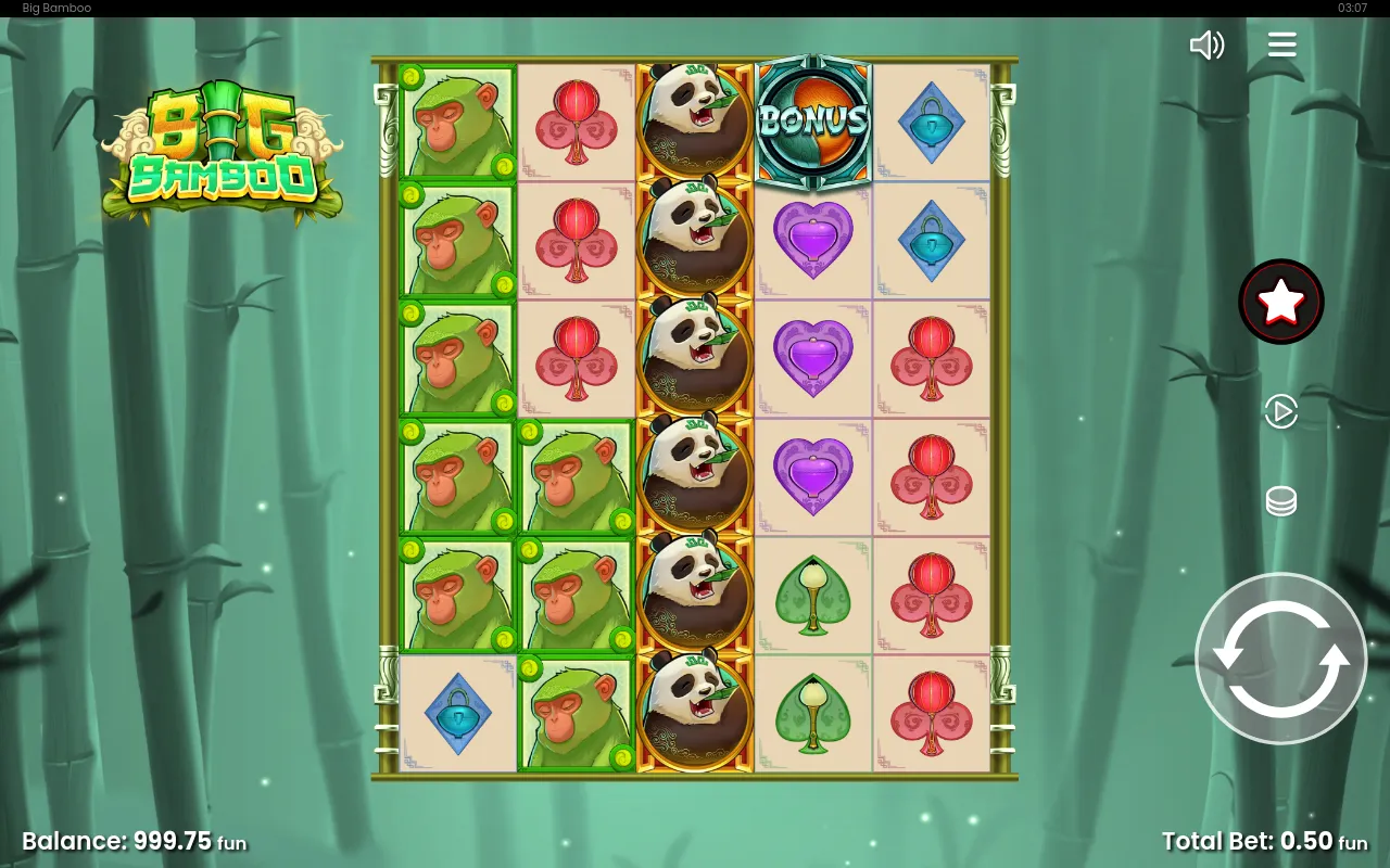 Big Bamboo's five-reel bamboo-forest grid with a stacked panda column and a bonus disc