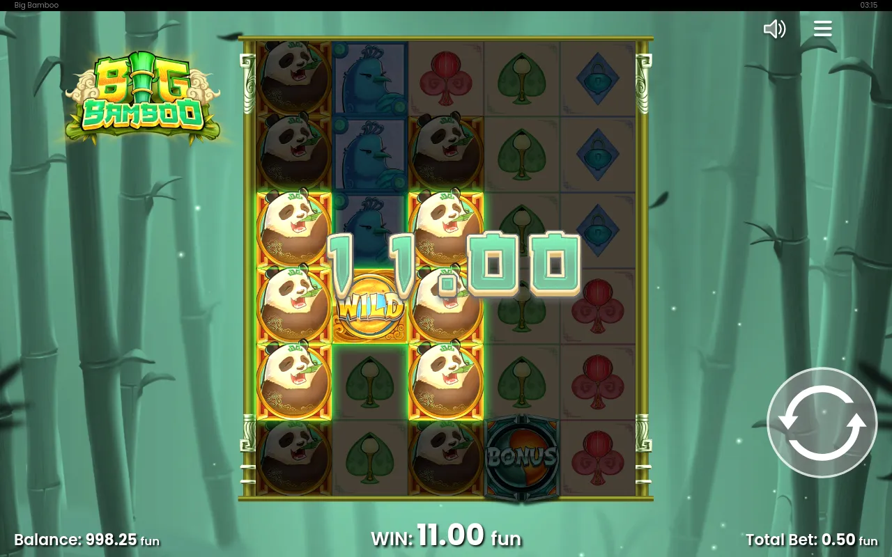 A full panda cluster with a central golden wild and a bonus disc below it