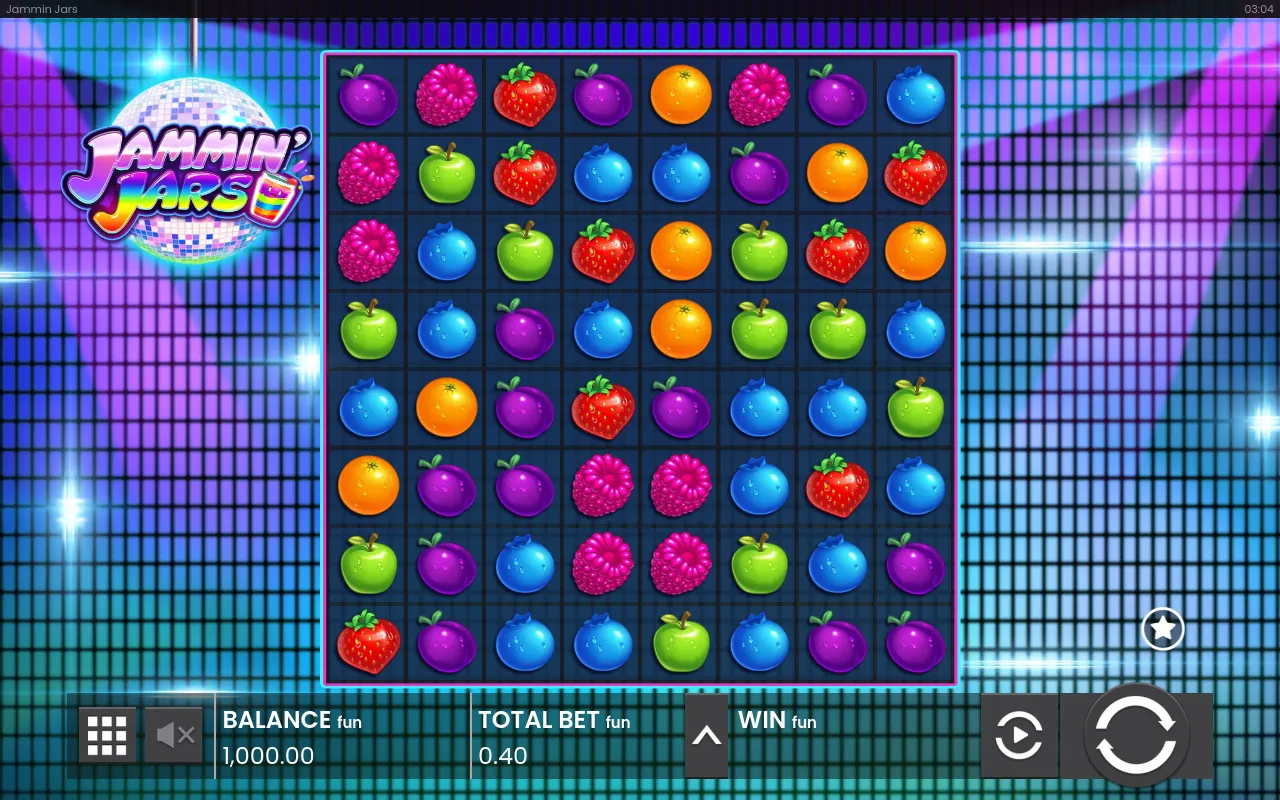 Eight-by-eight disco grid of six fruit symbols, spin button ready, balance 1,000