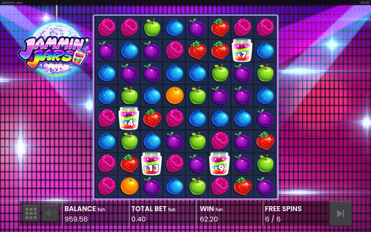Closing free spin with four jars stacked across the grid, the highest at x13, total 62.20
