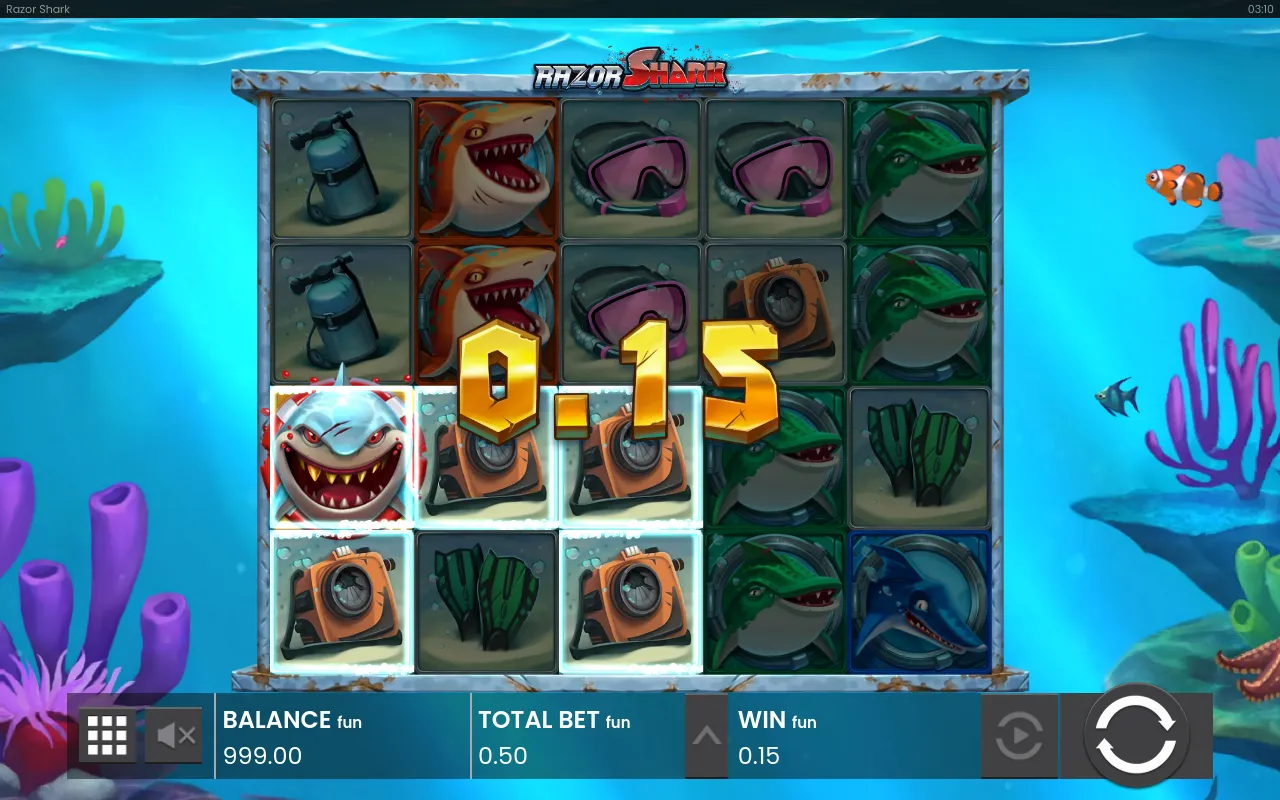 Razor Shark base grid at load, bet 0.50 and balance 999.00