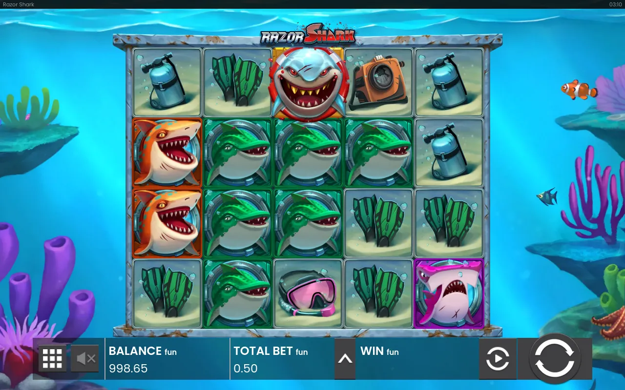 Settled grid showing the full symbol set, sharks and dolphins above the low-pay dive gear