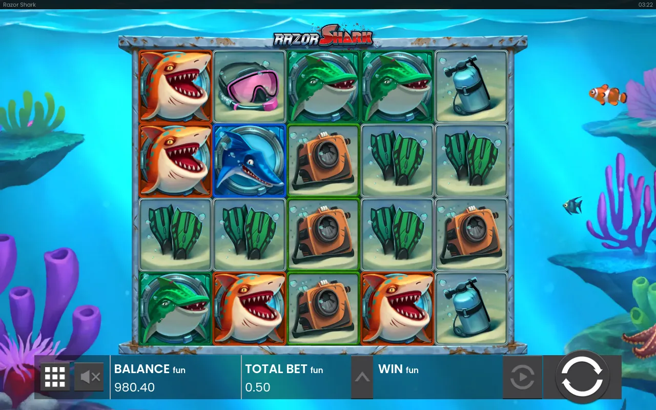 A low-pay board of dive gear with two orange sharks on the edges