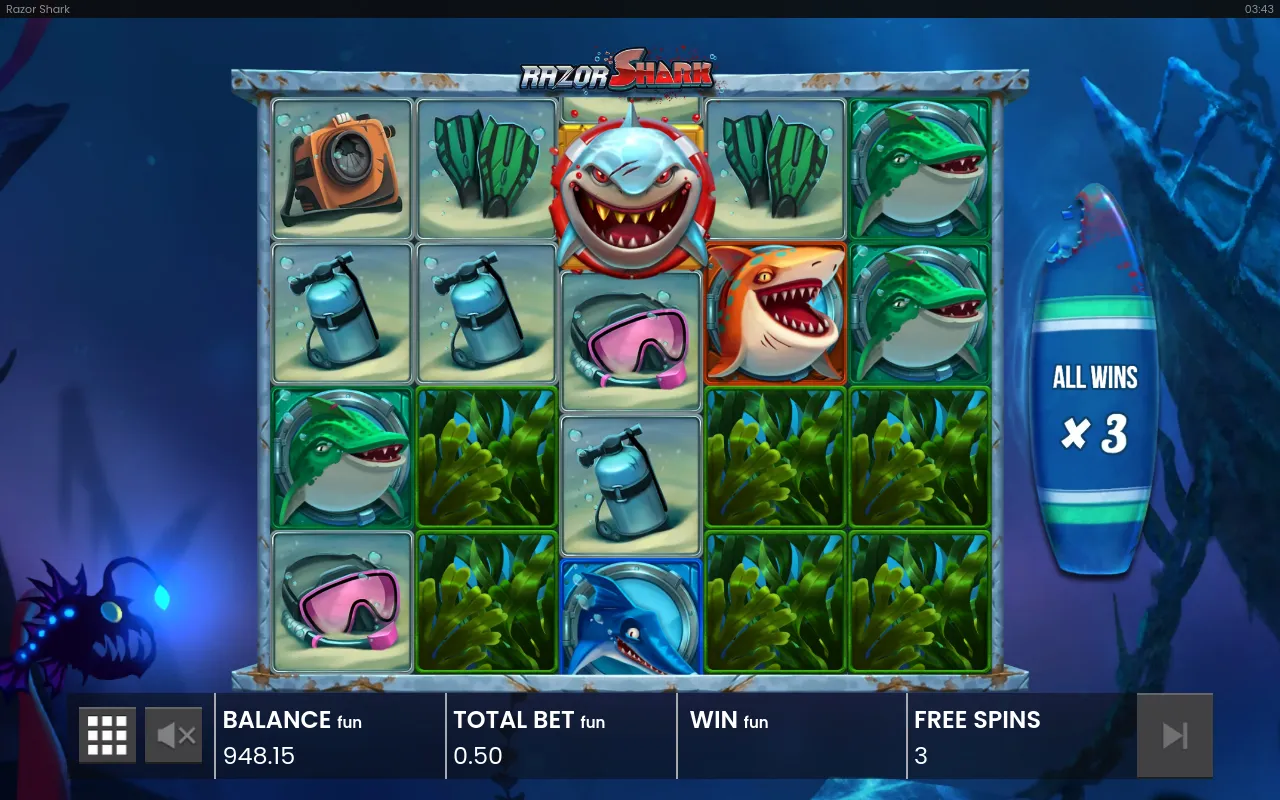Shark Bonus intro board reading ALL WINS x3 and FREE SPINS 3