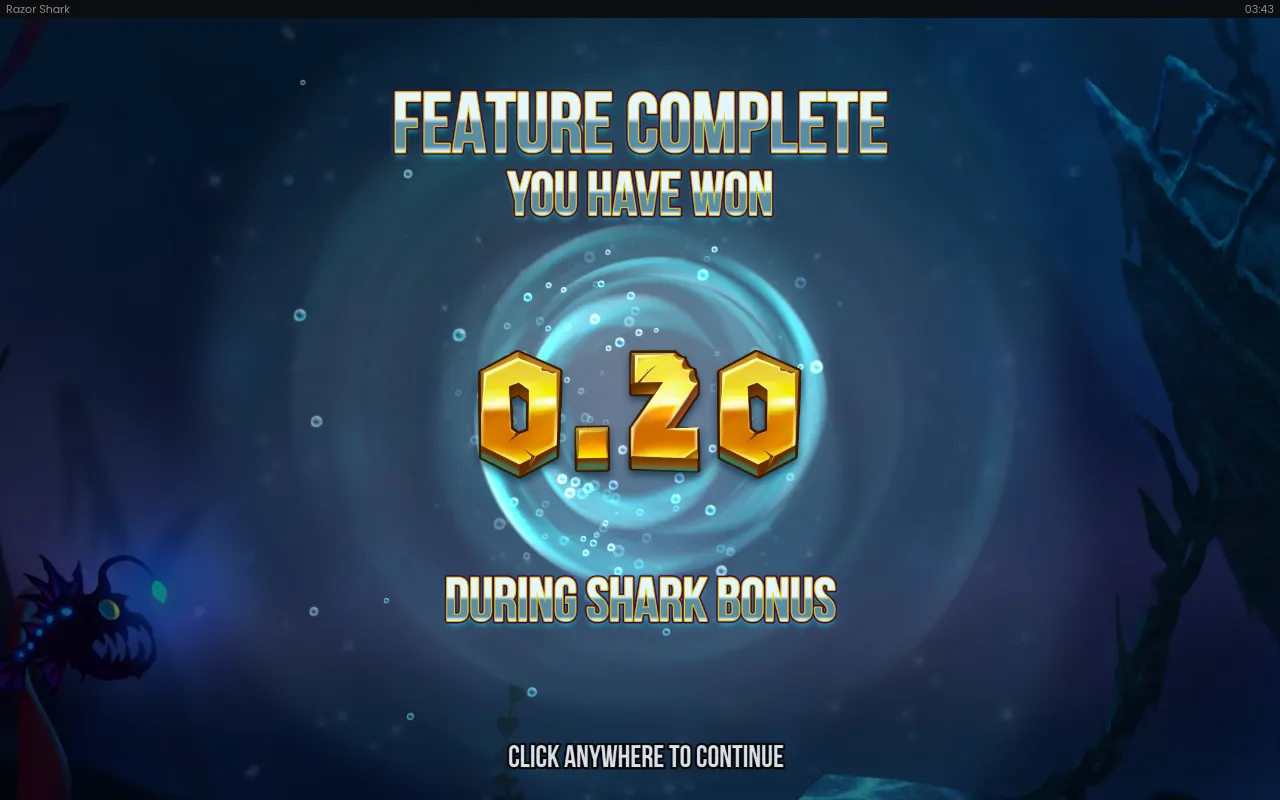 FEATURE COMPLETE banner showing a 0.20 bonus payout