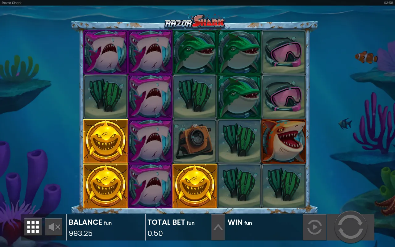Two gold Razor Reveal shark coins on reel one beside a pink Mystery Stack