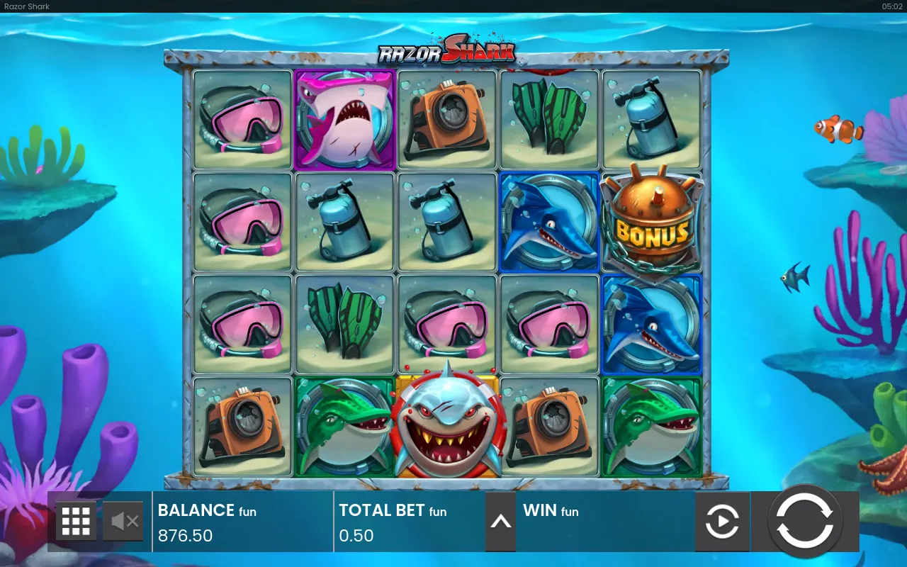 Closing board with the balance at 876.50, a blue dolphin and a bonus coin on reel four
