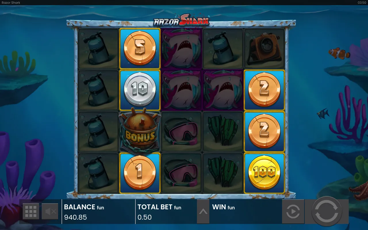 Razor Reveal cash coins exposed across the reels, a gold 100 among 5s and 10s