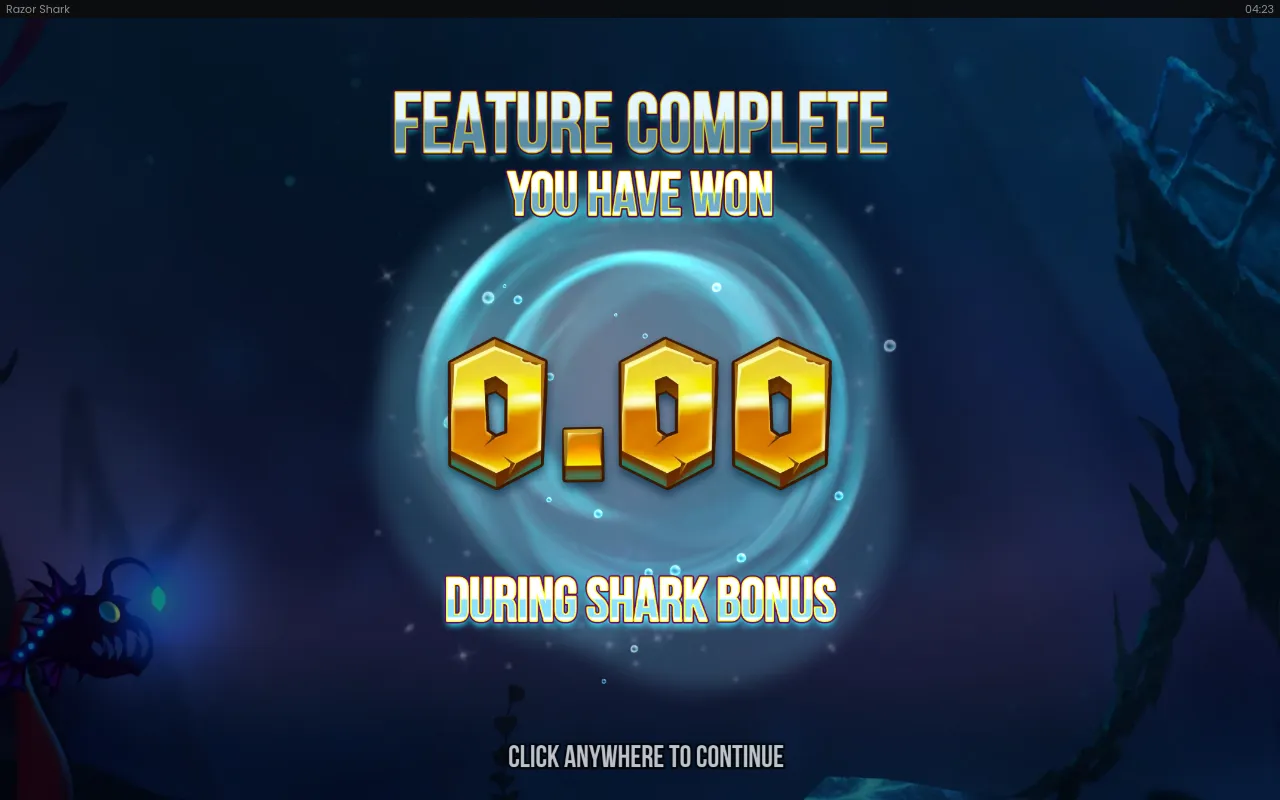 FEATURE COMPLETE banner reading a 0.00 win