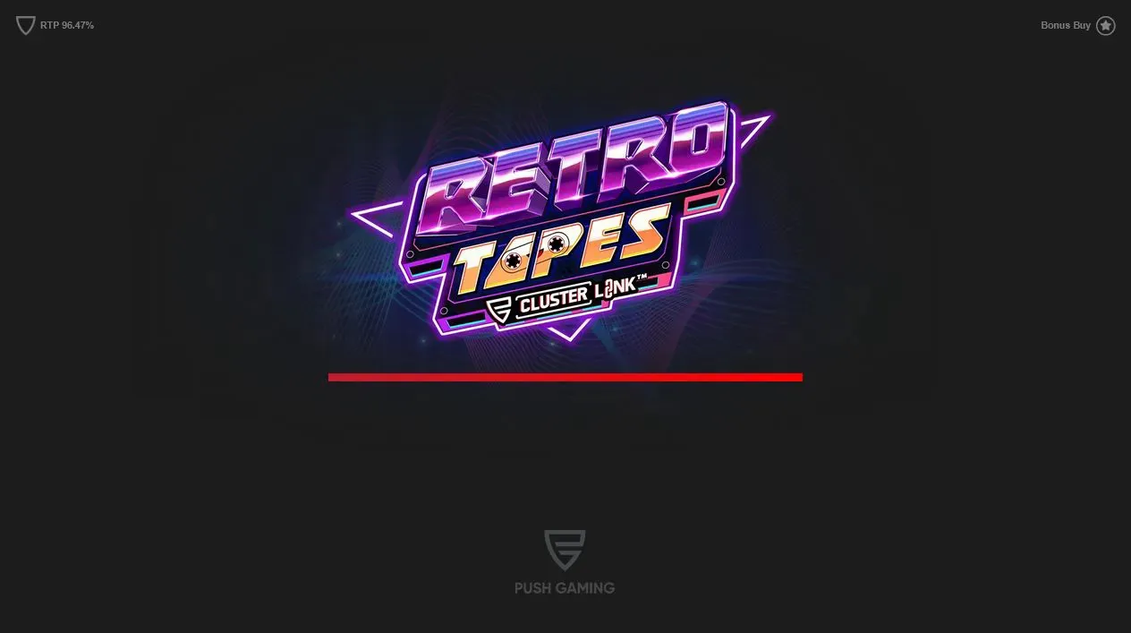 Retro Tapes load screen showing the Cluster Link branding, 96.47 percent RTP, and Bonus Buy corner option
