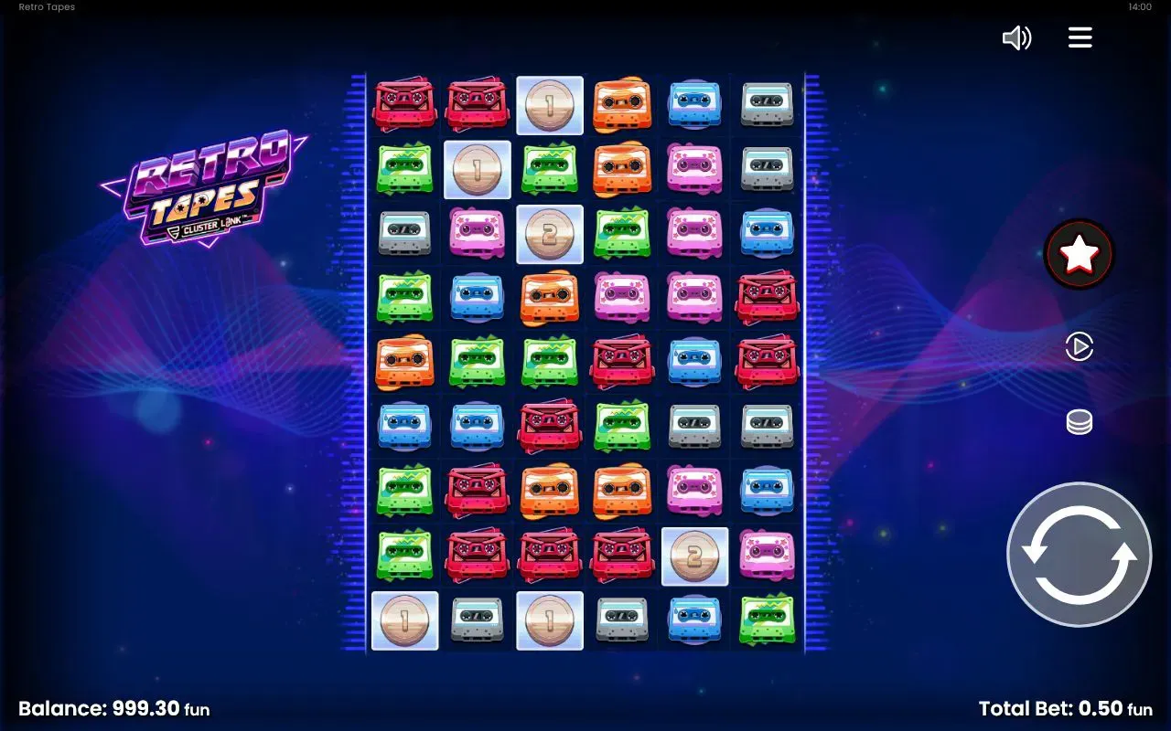 Retro Tapes six-by-nine grid settled with neon cassette tapes and cream vinyl prize tiles