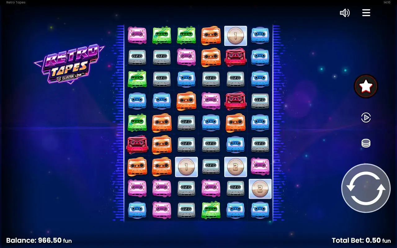 Base-game grid with bronze 1 and 2 prize coins among the cassette tapes
