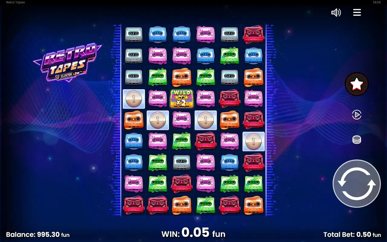WILD x2 multiplier tile sitting in a paying cluster on the Retro Tapes grid