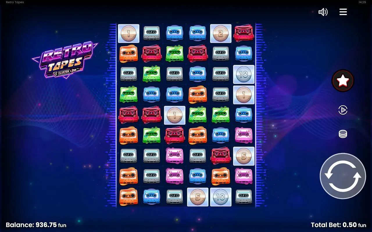 Late-run grid with 5 and 10 prize coins lining the bottom rows